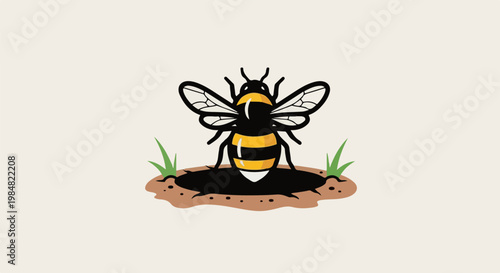 A cartoon bumblebee with black and yellow stripes emerges from a hole