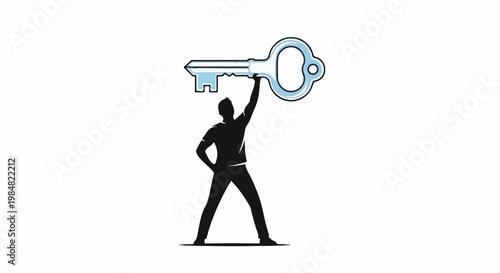 Silhouette of a person lifting a large stylized key above their head
