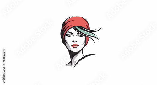 Stylized portrait of a woman with red headwear and flowing strands of hair