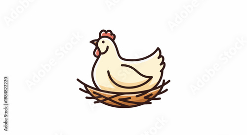 A cartoon hen sits cozily in a woven nest, white background