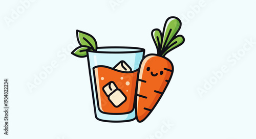 A cheerful cartoon carrot stands beside a glass of orange juice with ice