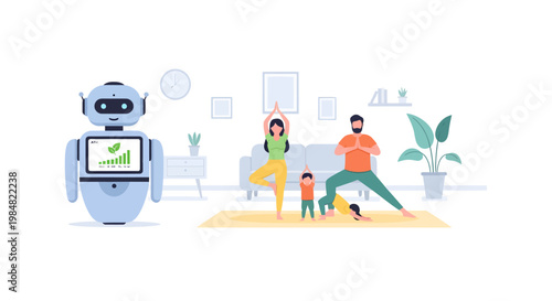 Family interacting with robot in living room at home