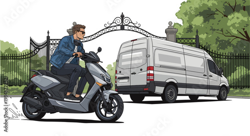 man riding scooter past a van on a city street