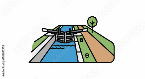 Stylized illustration of a canal lock with water and surrounding landscape