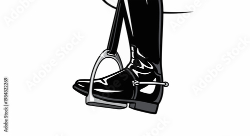 Shiny black riding boot with stirrup and strap, on white