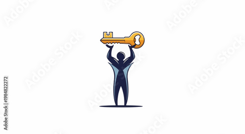 Silhouette figure holds golden key above head, representing achievement or success