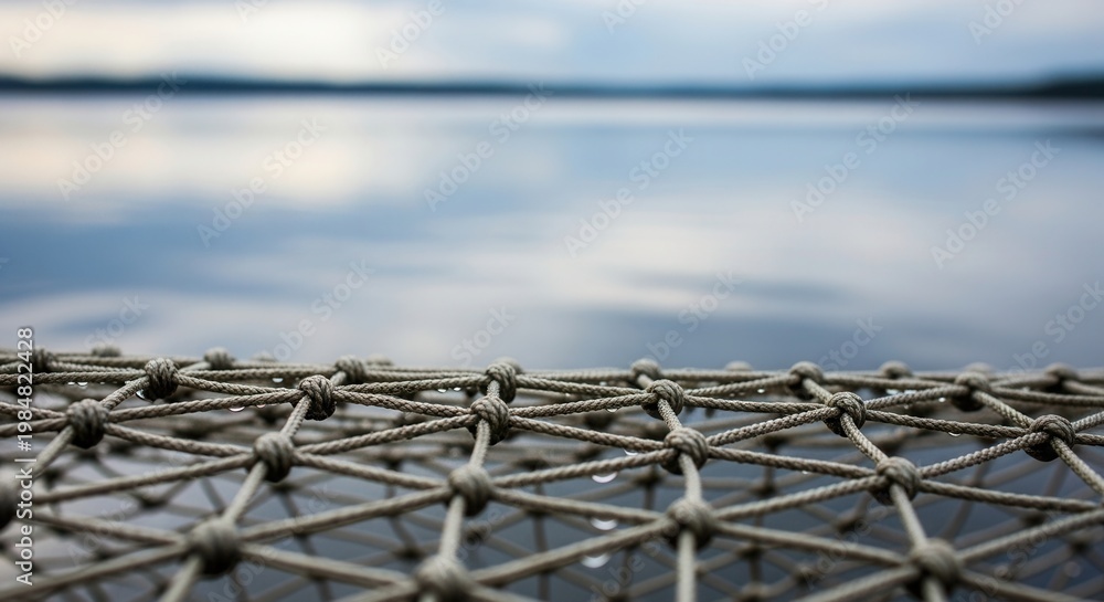 Naklejka premium Close Up Of A Textured Knotted Rope Fence Overlooking A Vast Calm Blue Lake Water Horizon Outdoors