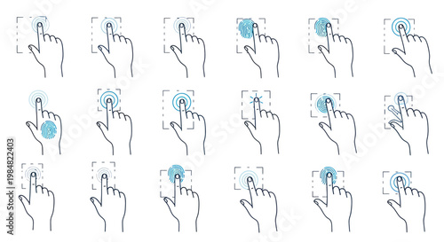 Collection of hand gestures and fingerprint scan icons for touch screens and biometric