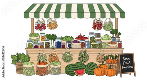 Farm fresh market stand with fruits and vegetables on display