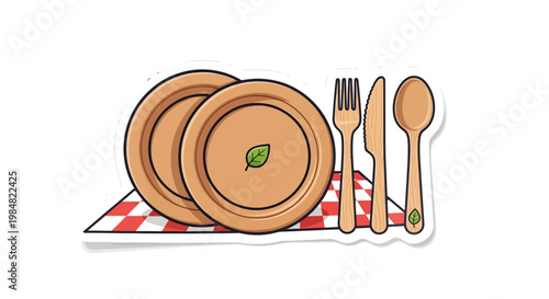 wooden plate and utensils on red checkered tablecloth