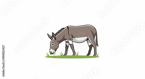 A cartoon donkey with grey fur grazes on green grass