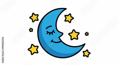 A cheerful crescent moon with closed eyes and a smile, surrounded by stars