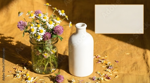 Colorful backdrop featuring wild chamomile and clover flowers alongside a white bottle. Flowers and beauty products set against a yellow background, leaving space for text.