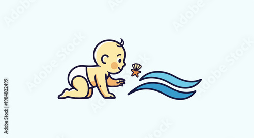 A baby in a diaper crawls towards blue waves, reaching for a starfish