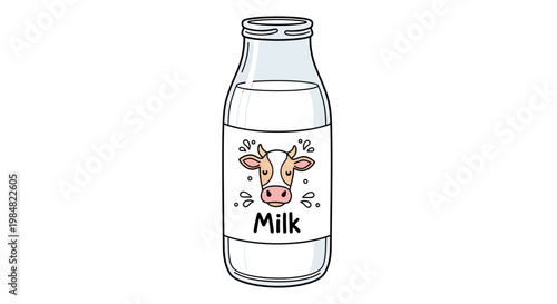 Cartoon cow face on a glass milk bottle with a white background