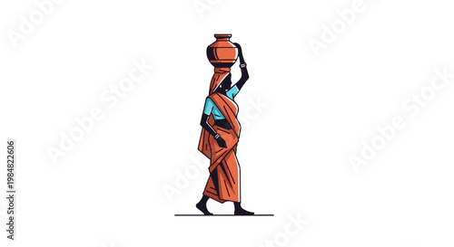 Woman carrying a clay pot on her head, walking in profile