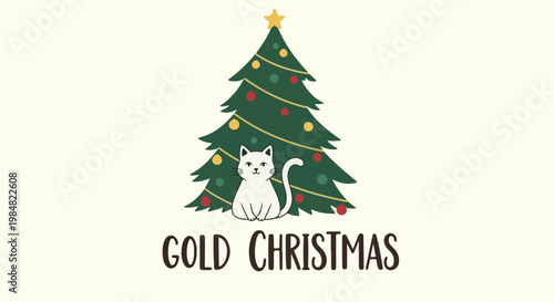 White cat sits happily under decorated Christmas tree with text