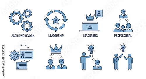 Collection of blue line icons for business leadership and agile project management.
