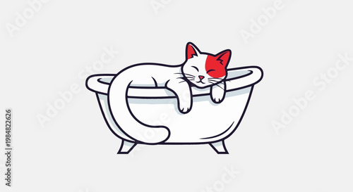 A cartoon white cat with a red face marking sleeps in a bathtub