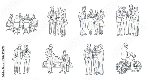 Set of hand-drawn sketches of business people in various office and daily life situations