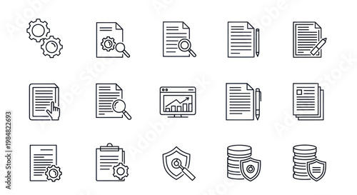 Set of linear business document and data analysis icons for corporate use.