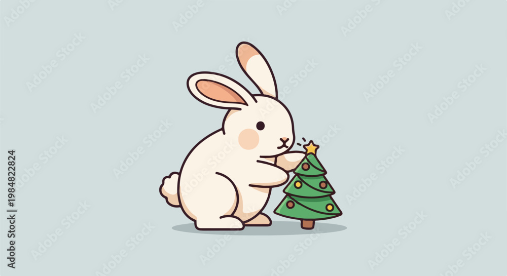 Obraz premium A cute cartoon bunny decorating a small Christmas tree with a star
