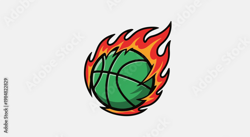 A green basketball is engulfed in vibrant flames