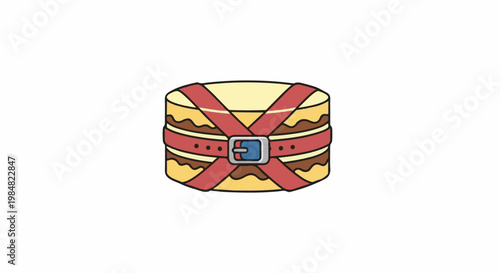 A layered cake with chocolate filling secured by a red belt buckle