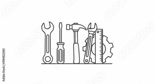 A line art illustration of various tools including wrenches, screwdriver, hammer, ruler, and gear