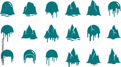 Melting iceberg and mountain icons set representing global warming climate change and environmental issues for graphic design and ecological projects