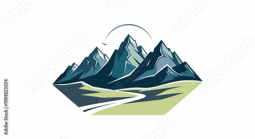 Stylized mountain range with a winding path under a curved sky element