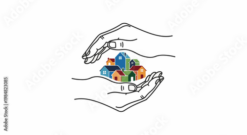 A graphic of hands protecting a cluster of colorful houses