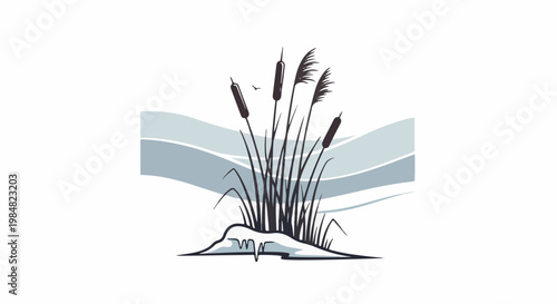 Cattails and winter ice with a distant bird