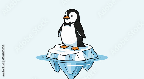 Cute cartoon penguin wearing a bow tie on an ice floe