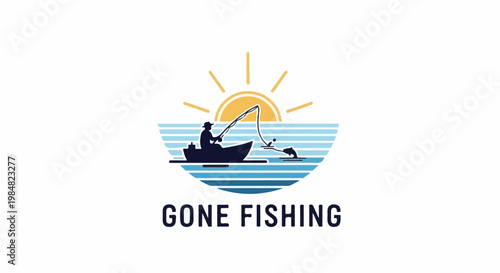 Fisherman in boat at sunrise with leaping fish, text below