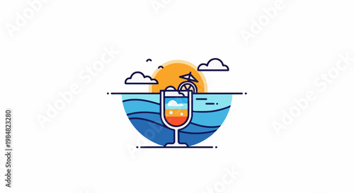 Stylized cocktail glass with beach scene and sunset inside