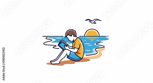 Person reading a book on the beach at sunset with a bird flying
