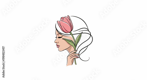 Profile of a woman holding a pink tulip with flowing white hair