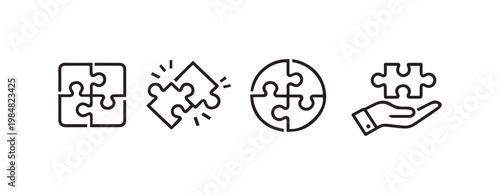 Puzzle pieces icon set. Puzzle jigsaw outline icons on white background - stock vector.