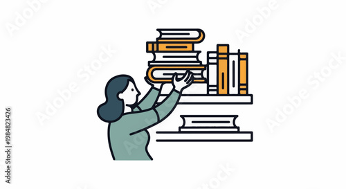 Person reaching for stacked books on a shelf