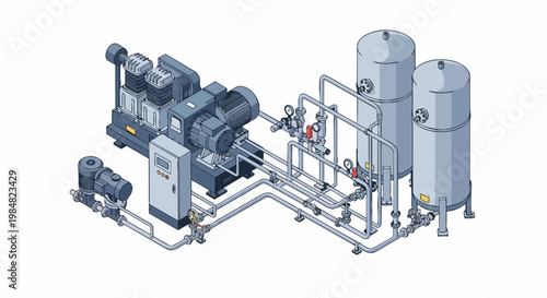 Isometric Illustration of Industrial Air Compressor System with Storage Tanks, Piping, and Control Panel for Manufacturing and Engineering