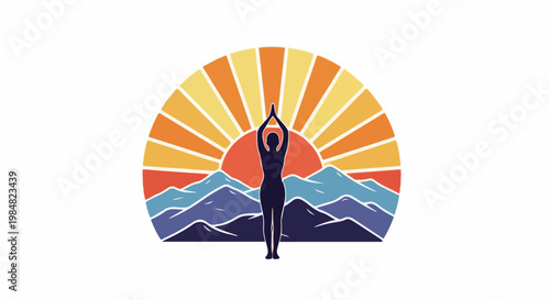 Silhouette of person in yoga pose before sun and mountains