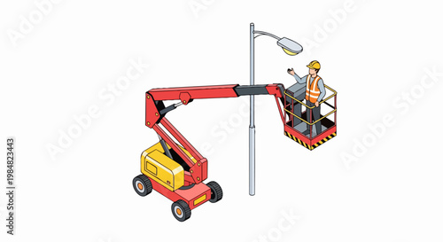 Isometric Illustration of a Worker in a Cherry Picker Boom Lift Repairing a Street Light