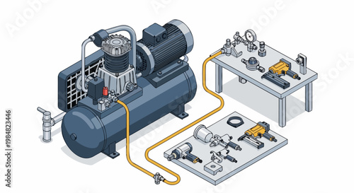 Isometric Air Compressor System and Pneumatic Power Tools for Industrial Workshop