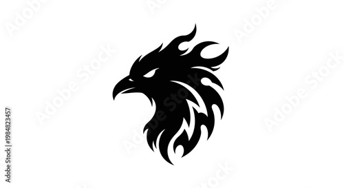 Black Silhouette of Phoenix Head with Flames.
