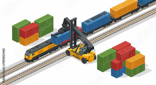 Isometric 3D Logistics Terminal with Freight Train and Cargo Container Loader Reach Stacker
