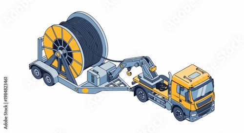 Isometric Industrial Truck and Trailer Carrying Large Cable Reel Spool for Telecommunication and Power Infrastructure Construction