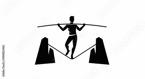 Silhouette of a person balancing on a tightrope between two platforms
