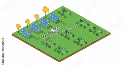 Solar Powered Smart Irrigation System Isometric Illustration, Sustainable Agriculture Technology with Photovoltaic Panels and Automatic Sprinklers