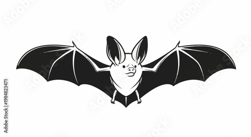 Stylized black and white bat with large ears and spread wings, outlined